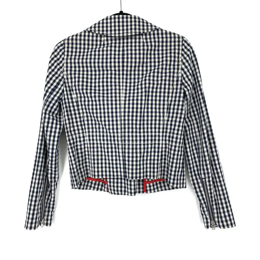 J. Crew Women's Size 00 Full Zip Plaid Moto Jacket Long Sleeves Navy/White Check